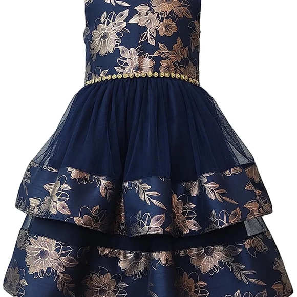 Bonnie Jean Midnight Blue Dress with Gold Floral Design